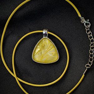Hand Painted Yellow Pendant Necklace, Wearable Art Jewelry, Retro Jewelry